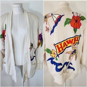 Vintage 80s IB Diffusion Hawaii Travel Cardigan Ramie Cotton Patch White Sz M